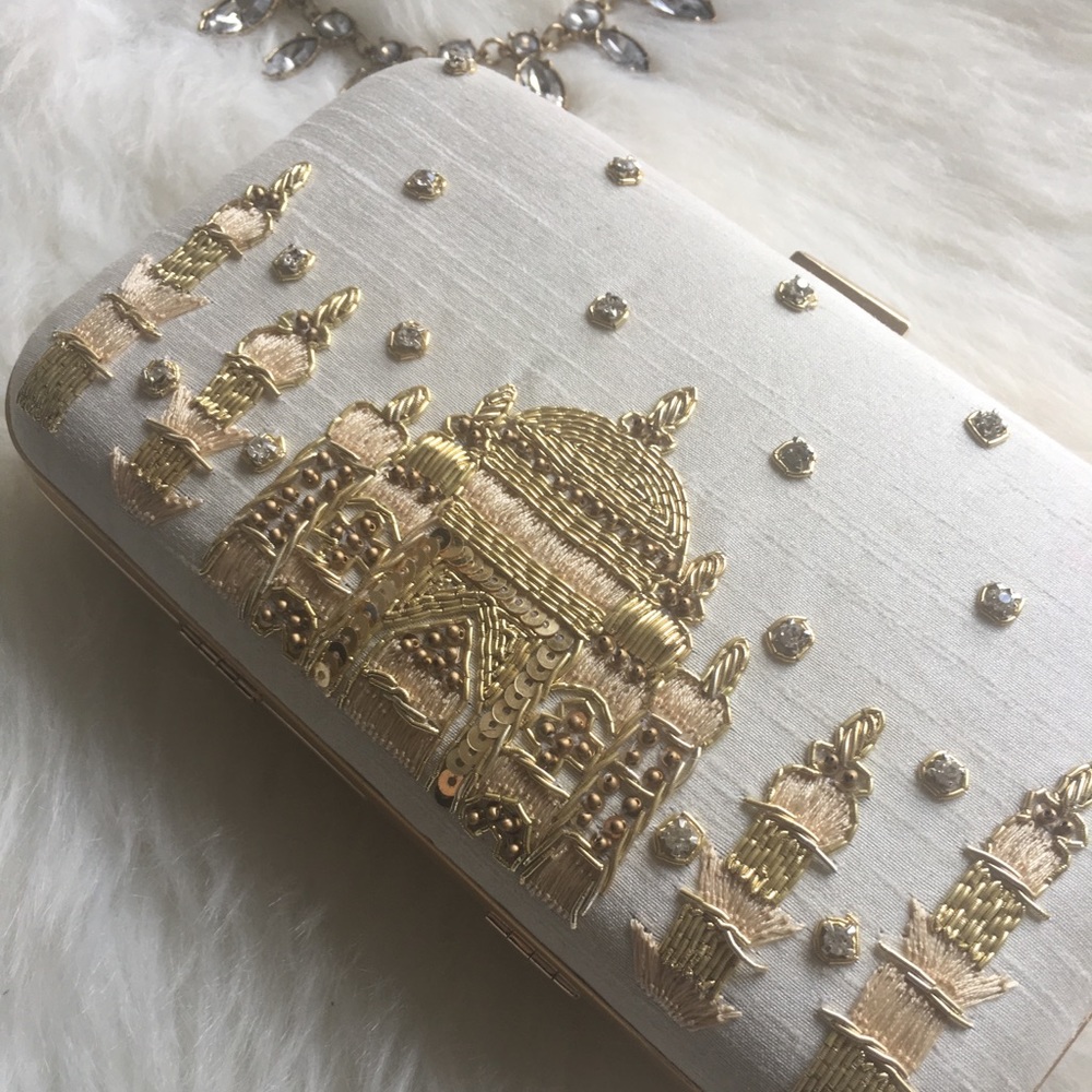 White clutch with gold embroidery bridal